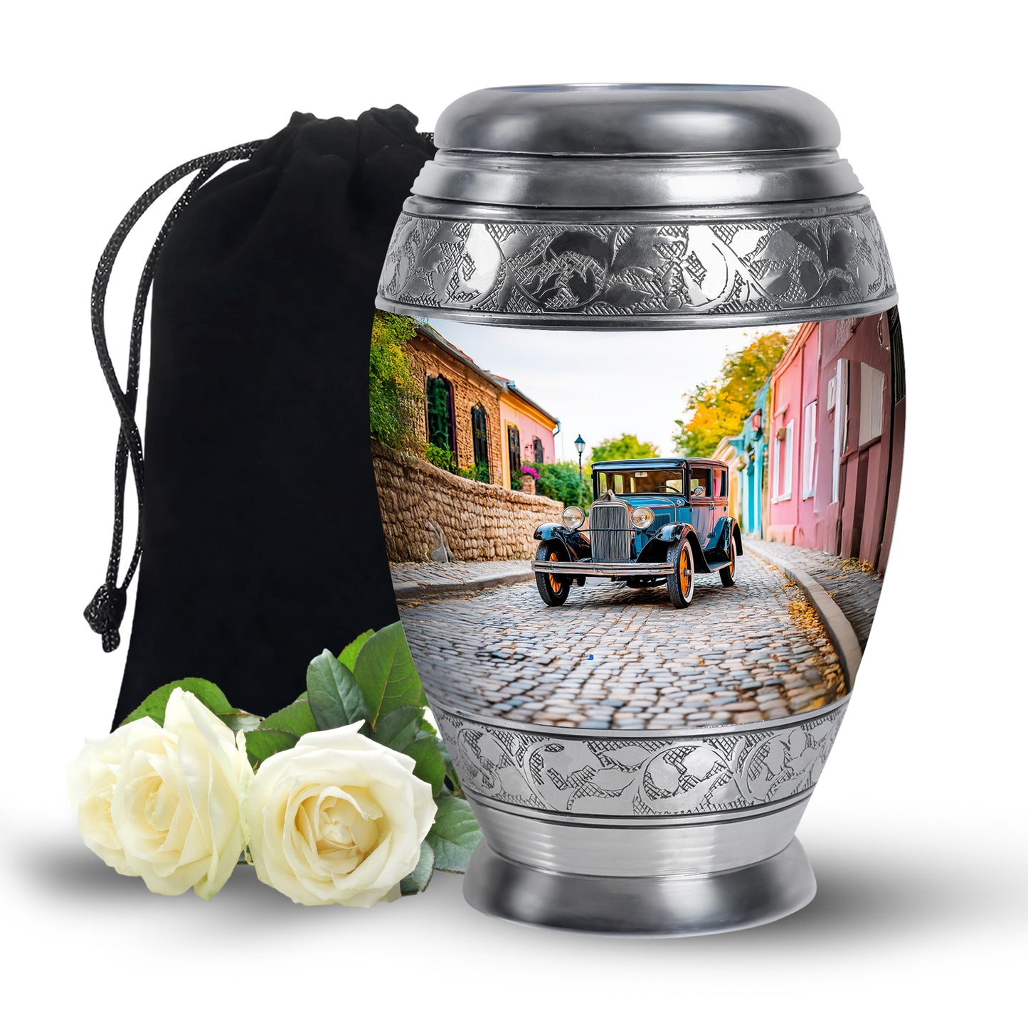 Frost White Car Cremation Urn back view with polished surface - regal car design with crown-inspired accents - full-size 10 inch 200 cubic inch adult cremation urn