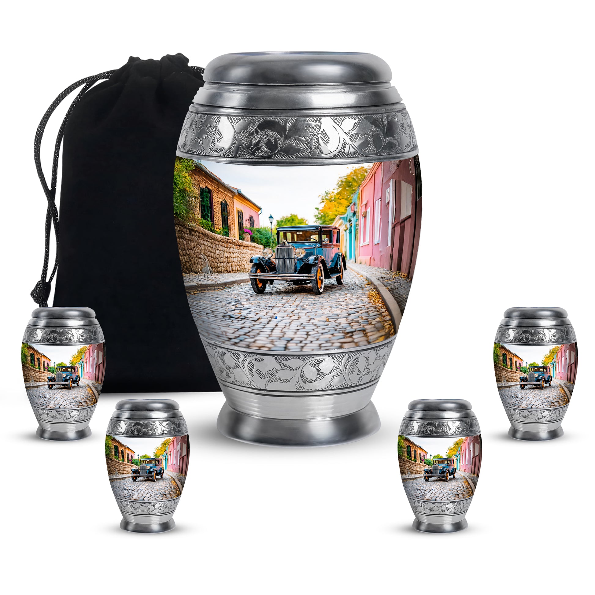 Pure White Car Cremation Urn detail view - ornate monarch-style car relief on brushed aluminum - memorial set with one large and four small urns