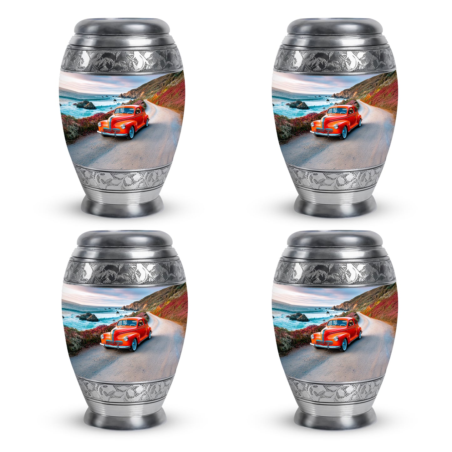 Azure Car Cremation Urn urn with complimentary velvet bag - regal car design with crown-inspired accents - 10 inch aluminum urn for cremated remains