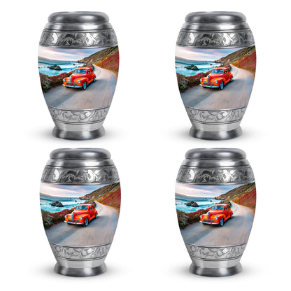 Azure Car Cremation Urn urn with complimentary velvet bag - regal car design with crown-inspired accents - 10 inch aluminum urn for cremated remains