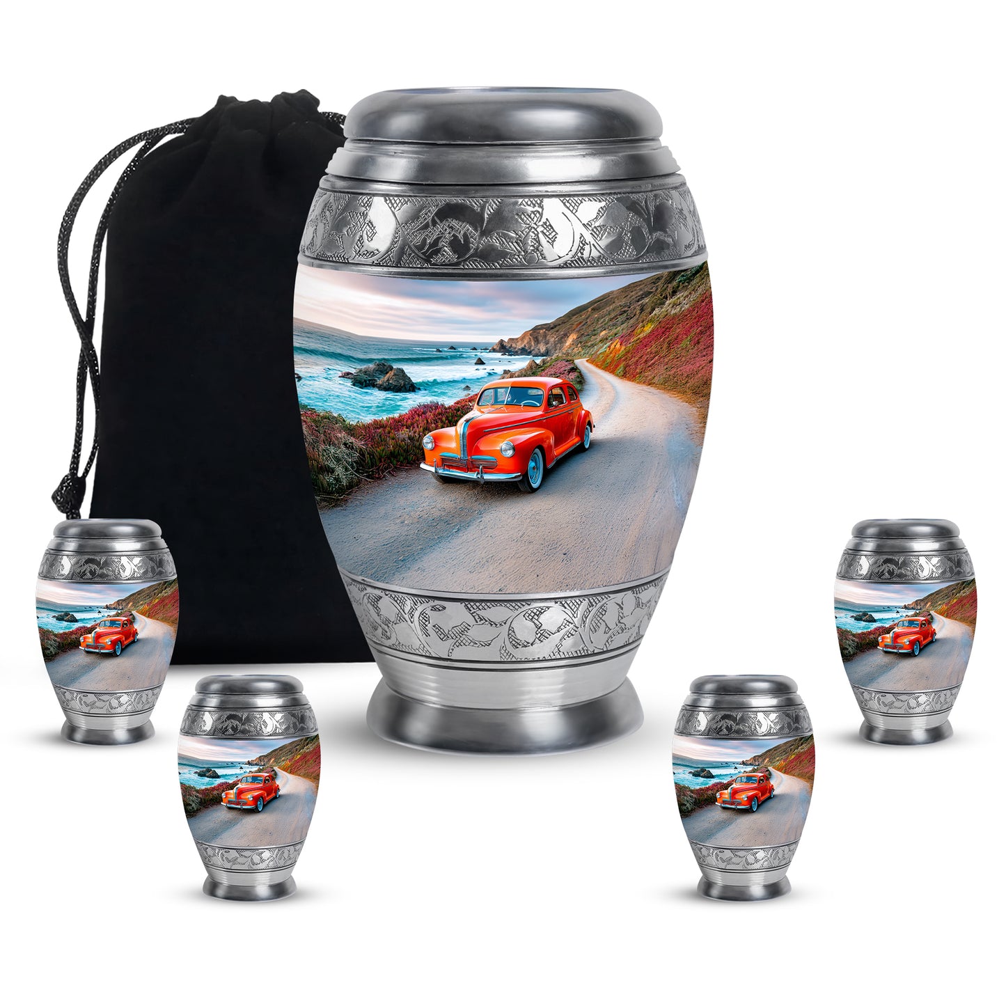 Royal Blue Car Cremation Urn detail view - royal car engraving with decorative scrollwork - memorial set with one large and four small urns