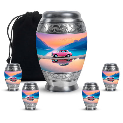 Deep Red Car Cremation Urn detail view - regal car design with crown-inspired accents - memorial set with one large and four small urns