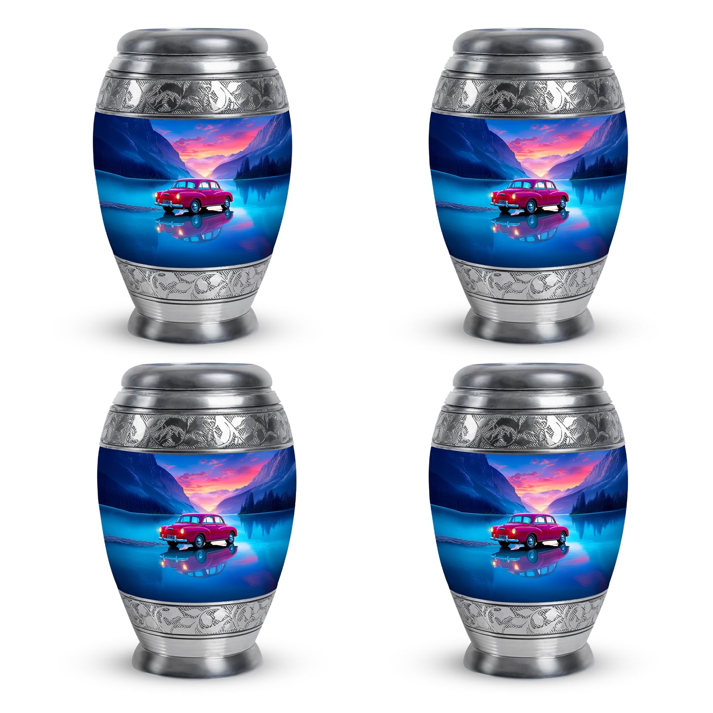 Bright Blue Car Cremation Urn urn with complimentary velvet bag - majestic car pattern with filigree border - 10 inch aluminum urn for cremated remains
