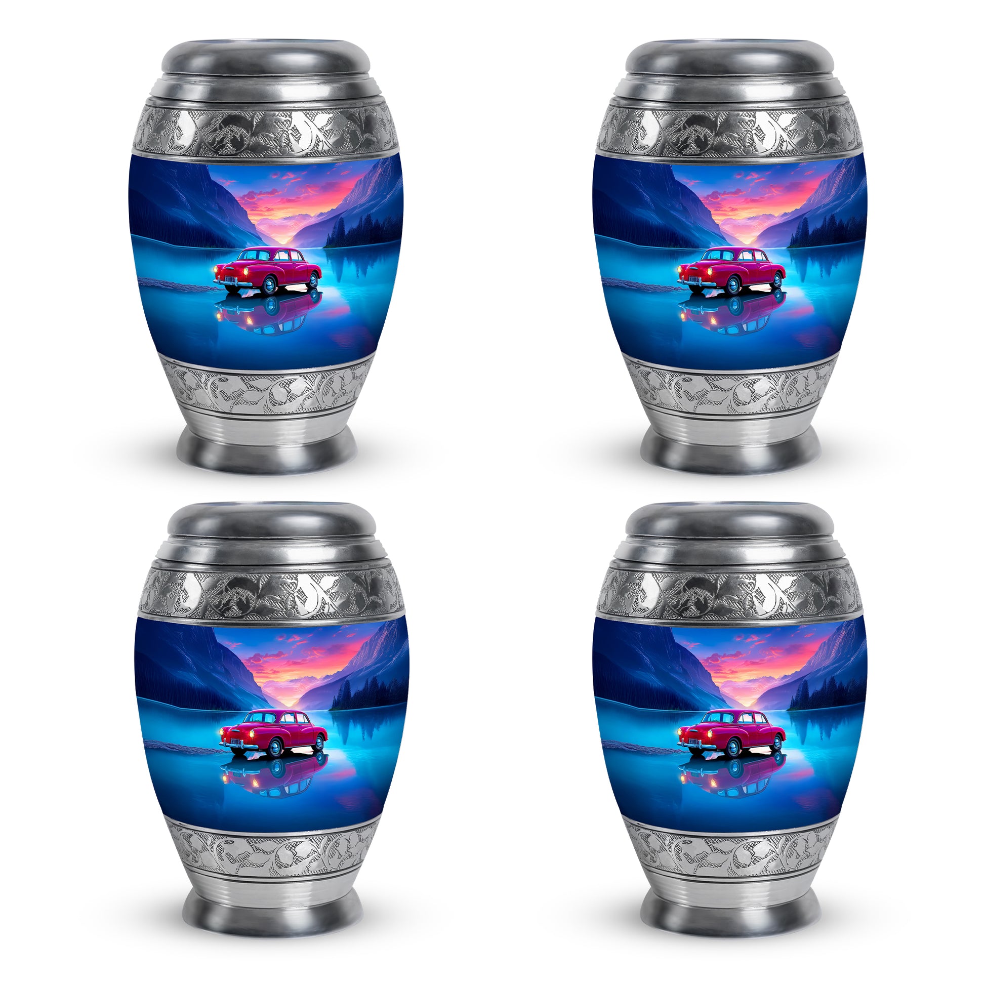 Bright Blue Car Cremation Urn urn with complimentary velvet bag - majestic car pattern with filigree border - 10 inch aluminum urn for cremated remains