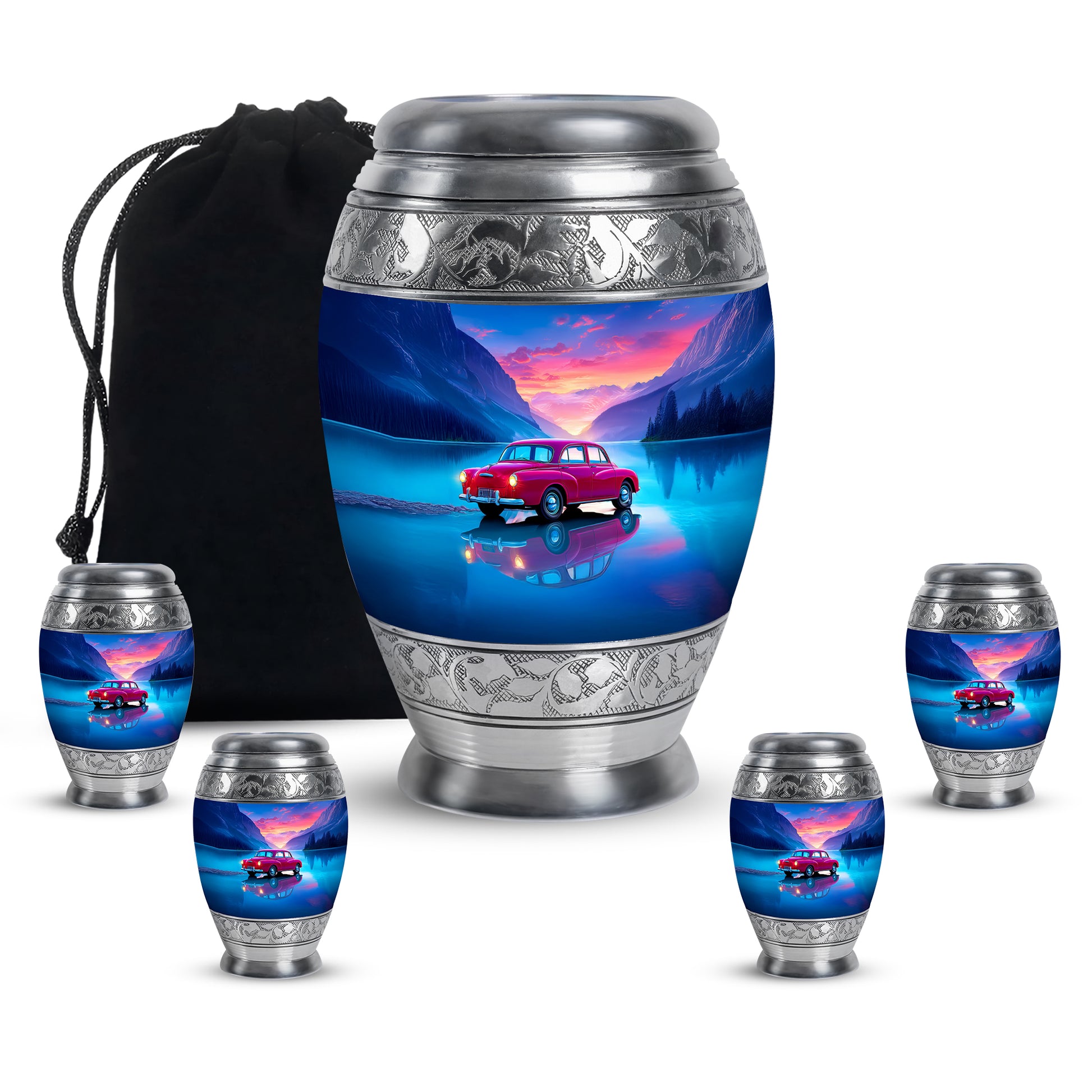 Celestial Blue Car Cremation Urn detail view - regal car design with crown-inspired accents - memorial set with one large and four small urns