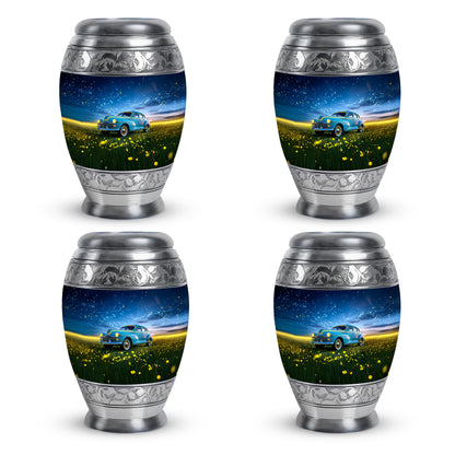 Twilight Blue Car Cremation Urn urn with complimentary velvet bag - majestic car pattern with filigree border - 10 inch aluminum urn for cremated remains