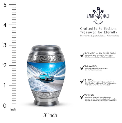 Celestial Blue Car Cremation Urn lifestyle display on memorial shelf - regal car design with crown-inspired accents - mini keepsake memorial for portion of cremation ashes