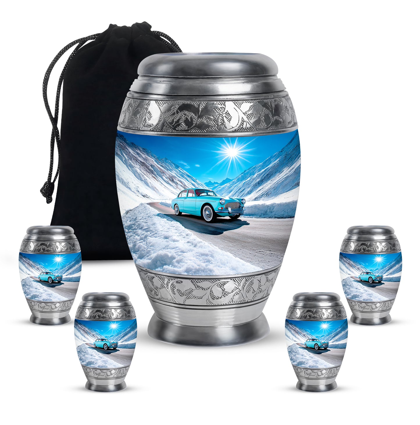 Slate Blue Car Cremation Urn detail view - regal car design with crown-inspired accents - memorial set with one large and four small urns
