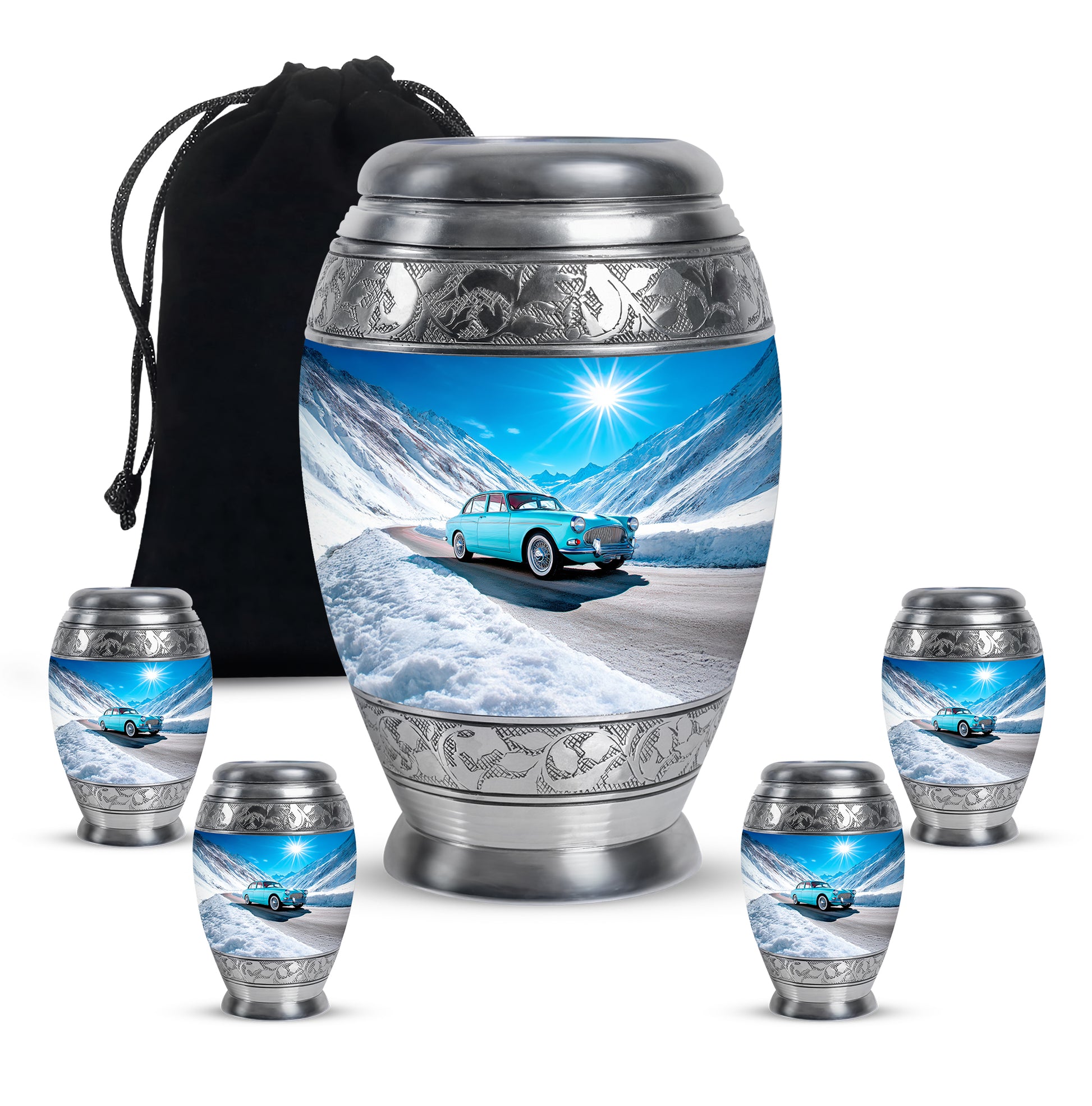 Slate Blue Car Cremation Urn detail view - regal car design with crown-inspired accents - memorial set with one large and four small urns
