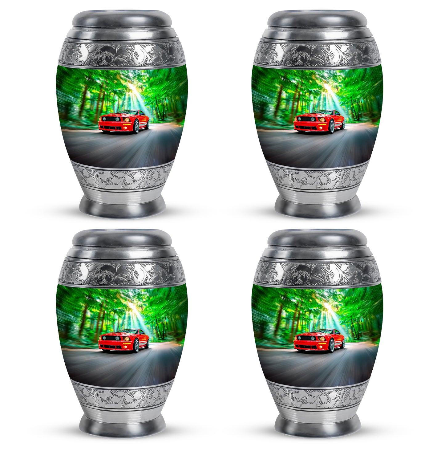 Hunter Green Car Cremation Urn urn with complimentary velvet bag - royal car engraving with decorative scrollwork - 10 inch aluminum urn for cremated remains