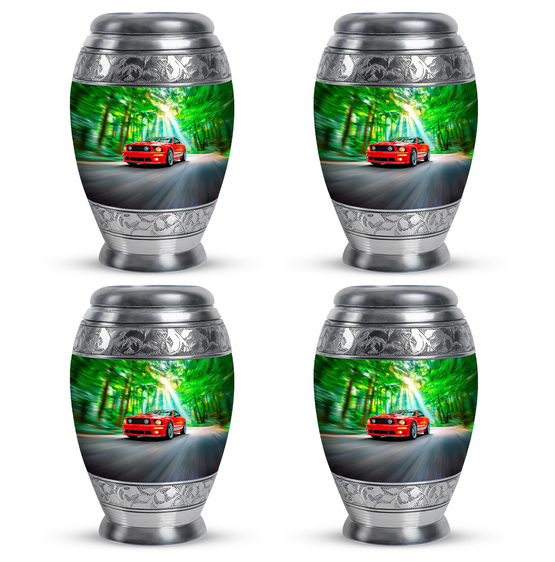 Hunter Green Car Cremation Urn urn with complimentary velvet bag - royal car engraving with decorative scrollwork - 10 inch aluminum urn for cremated remains