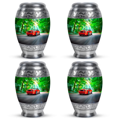 Hunter Green Car Cremation Urn urn with complimentary velvet bag - royal car engraving with decorative scrollwork - 10 inch aluminum urn for cremated remains