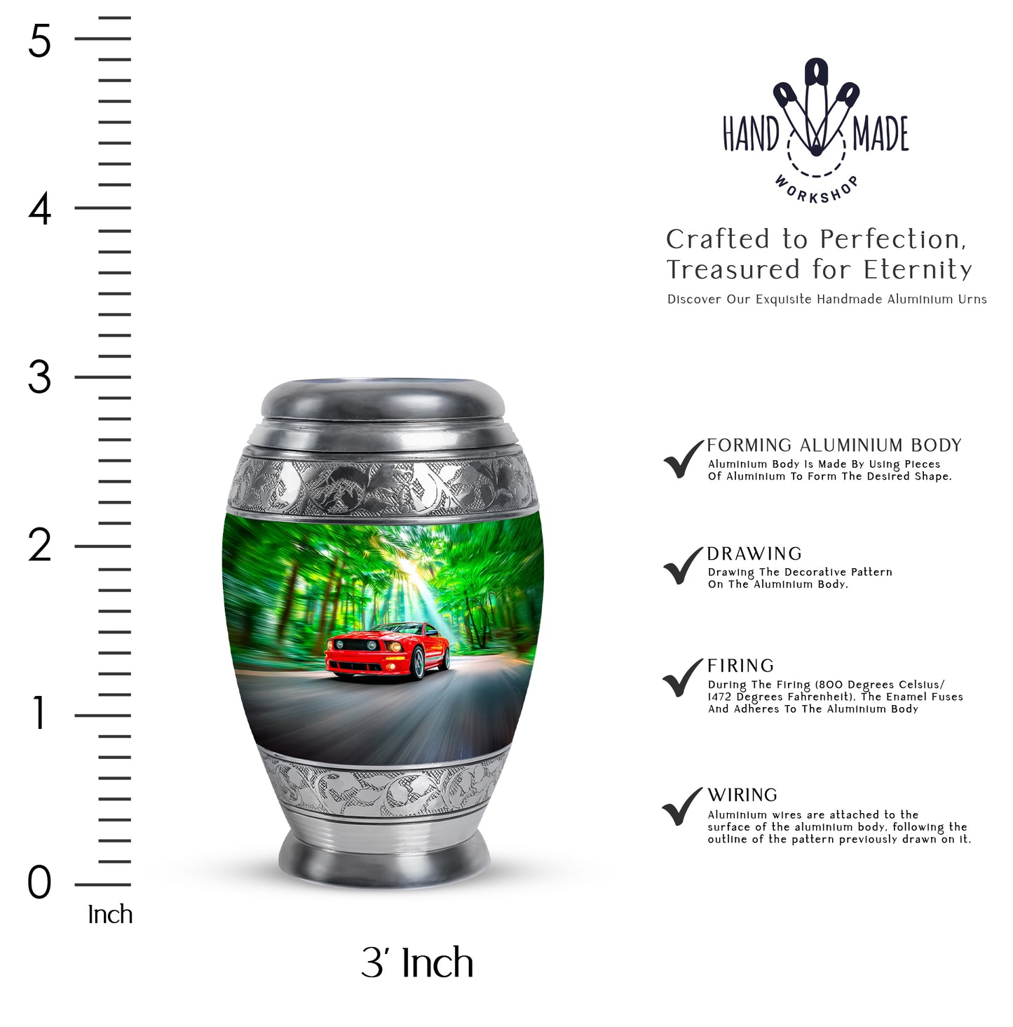Emerald Green Car Cremation Urn lifestyle display on memorial shelf - ornate monarch-style car relief on brushed aluminum - mini keepsake memorial for portion of cremation ashes
