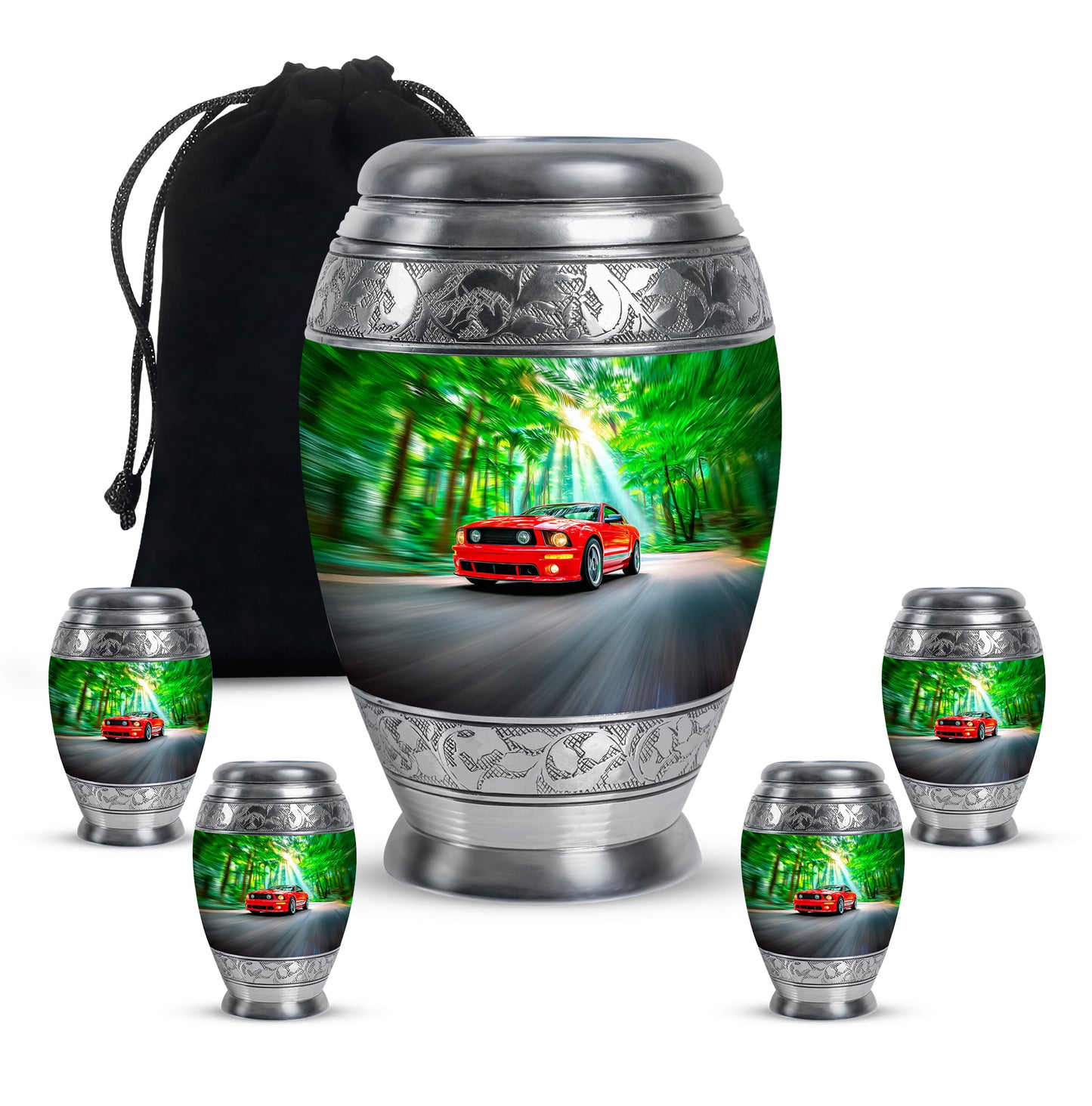 Hunter Green Car Cremation Urn detail view - royal car engraving with decorative scrollwork - memorial set with one large and four small urns