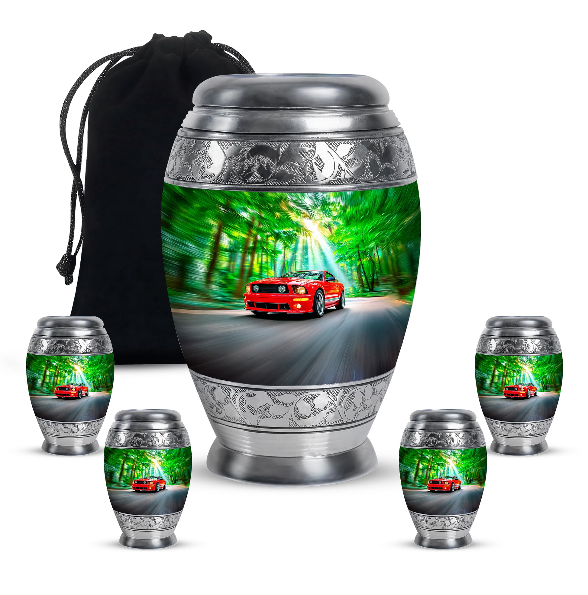 Hunter Green Car Cremation Urn detail view - royal car engraving with decorative scrollwork - memorial set with one large and four small urns