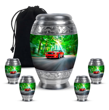 Hunter Green Car Cremation Urn detail view - royal car engraving with decorative scrollwork - memorial set with one large and four small urns
