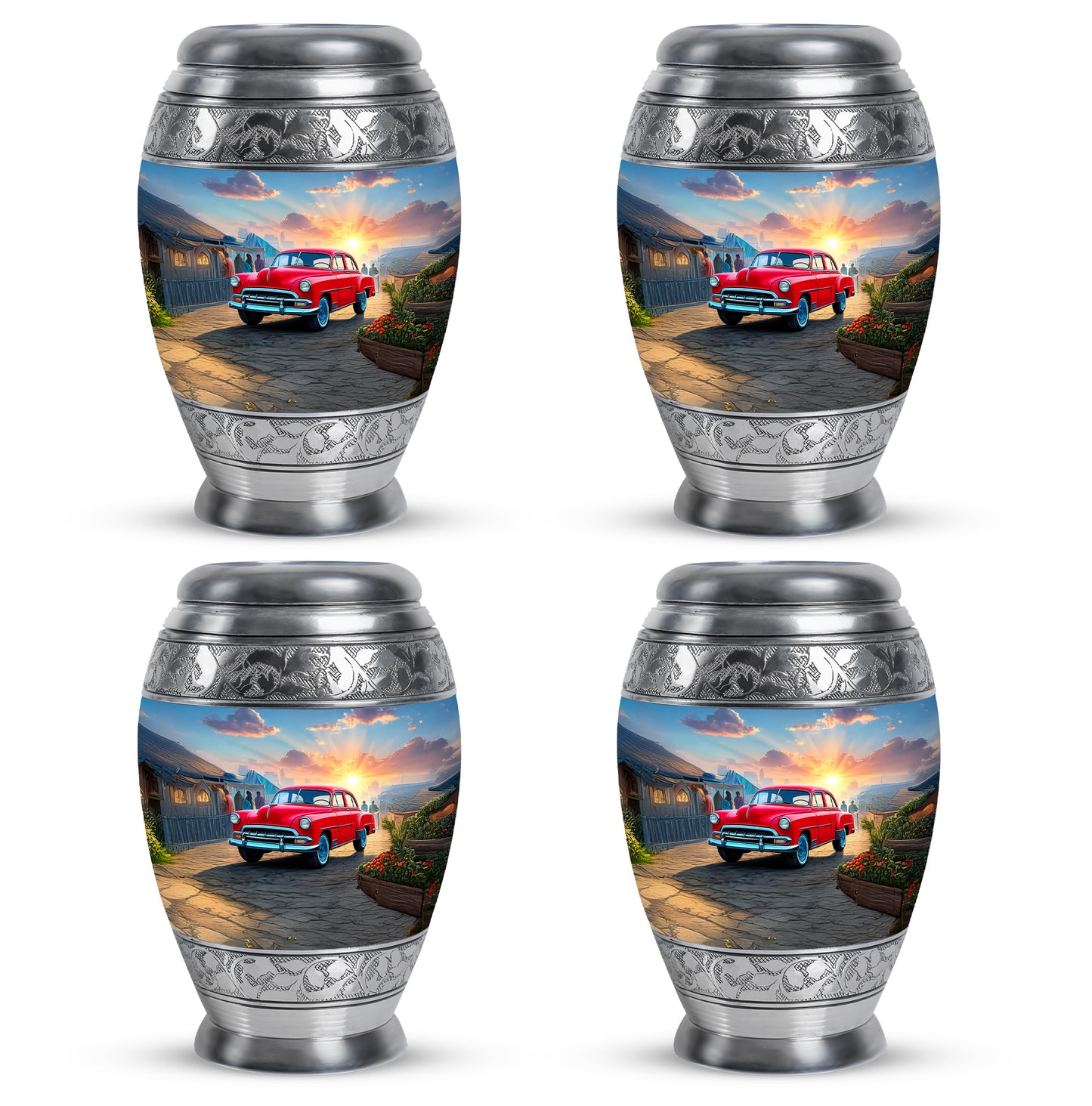Powder Blue Car Cremation Urn urn with complimentary velvet bag - regal car design with crown-inspired accents - 10 inch aluminum urn for cremated remains