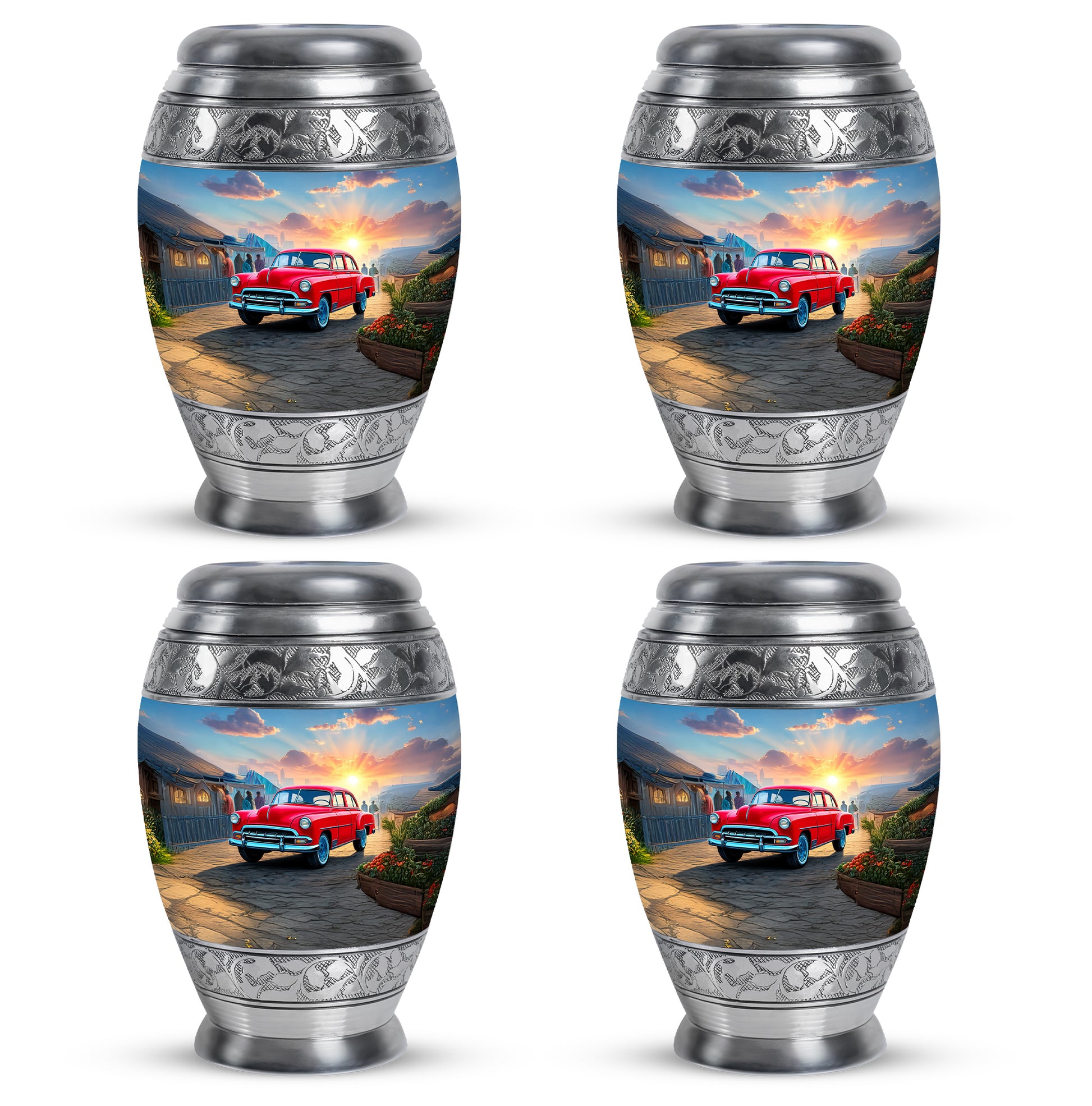 Powder Blue Car Cremation Urn urn with complimentary velvet bag - regal car design with crown-inspired accents - 10 inch aluminum urn for cremated remains
