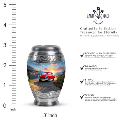 Azure Car Cremation Urn lifestyle display on memorial shelf - regal car design with crown-inspired accents - mini keepsake memorial for portion of cremation ashes