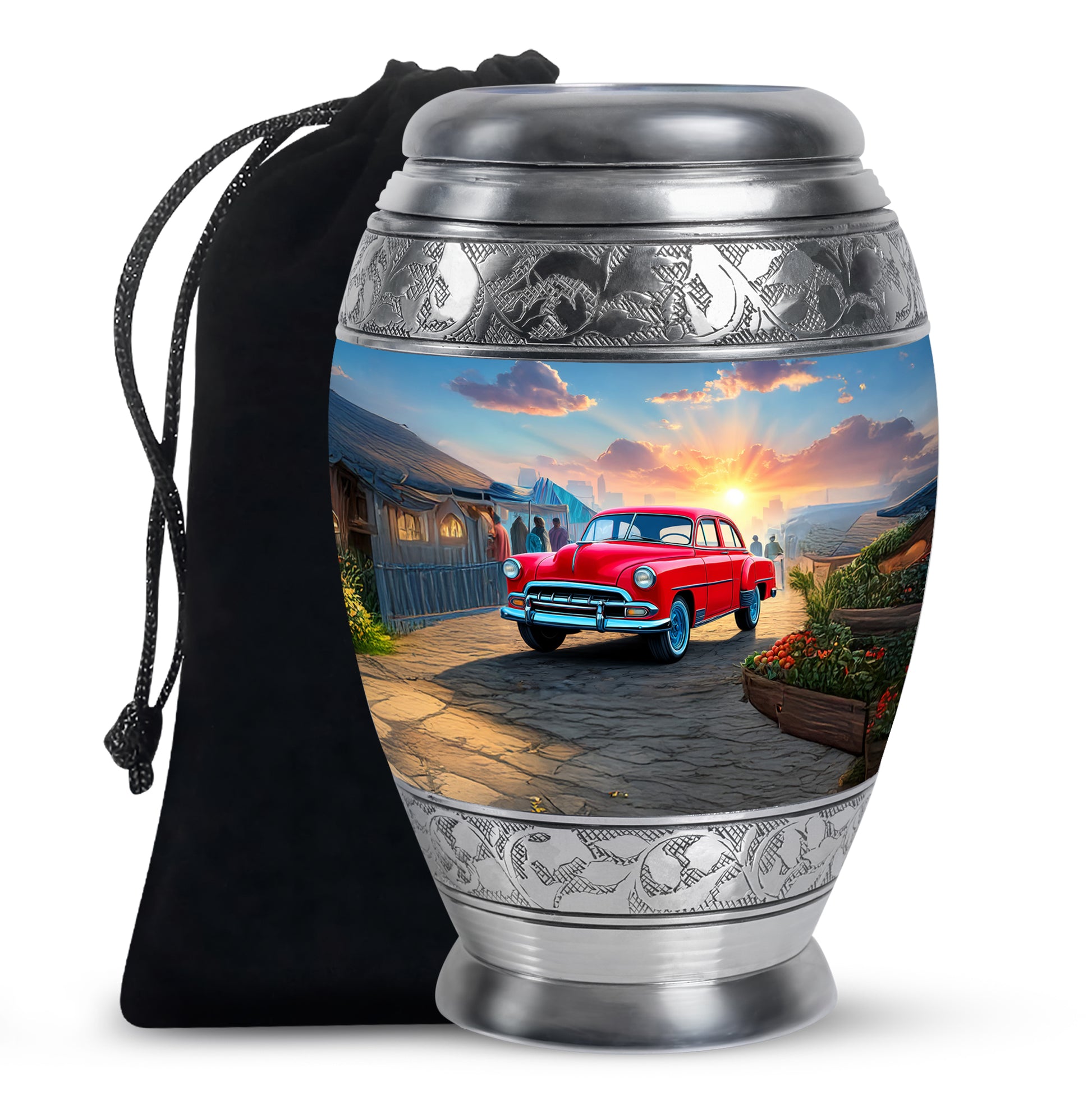 Royal Blue Car Cremation Urn back view with polished surface - royal car engraving with decorative scrollwork - full-size 10 inch 200 cubic inch adult cremation urn