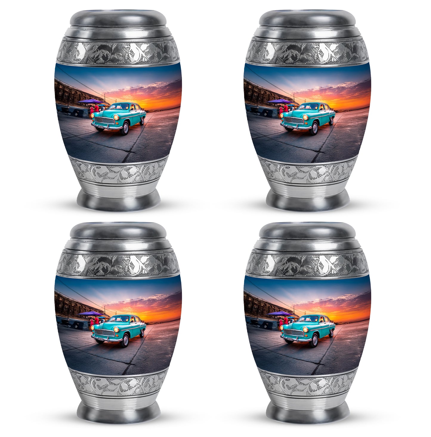 Dusty Blue Car Cremation Urn urn with complimentary velvet bag - regal car design with crown-inspired accents - 10 inch aluminum urn for cremated remains