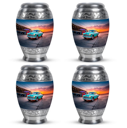 Dusty Blue Car Cremation Urn urn with complimentary velvet bag - regal car design with crown-inspired accents - 10 inch aluminum urn for cremated remains