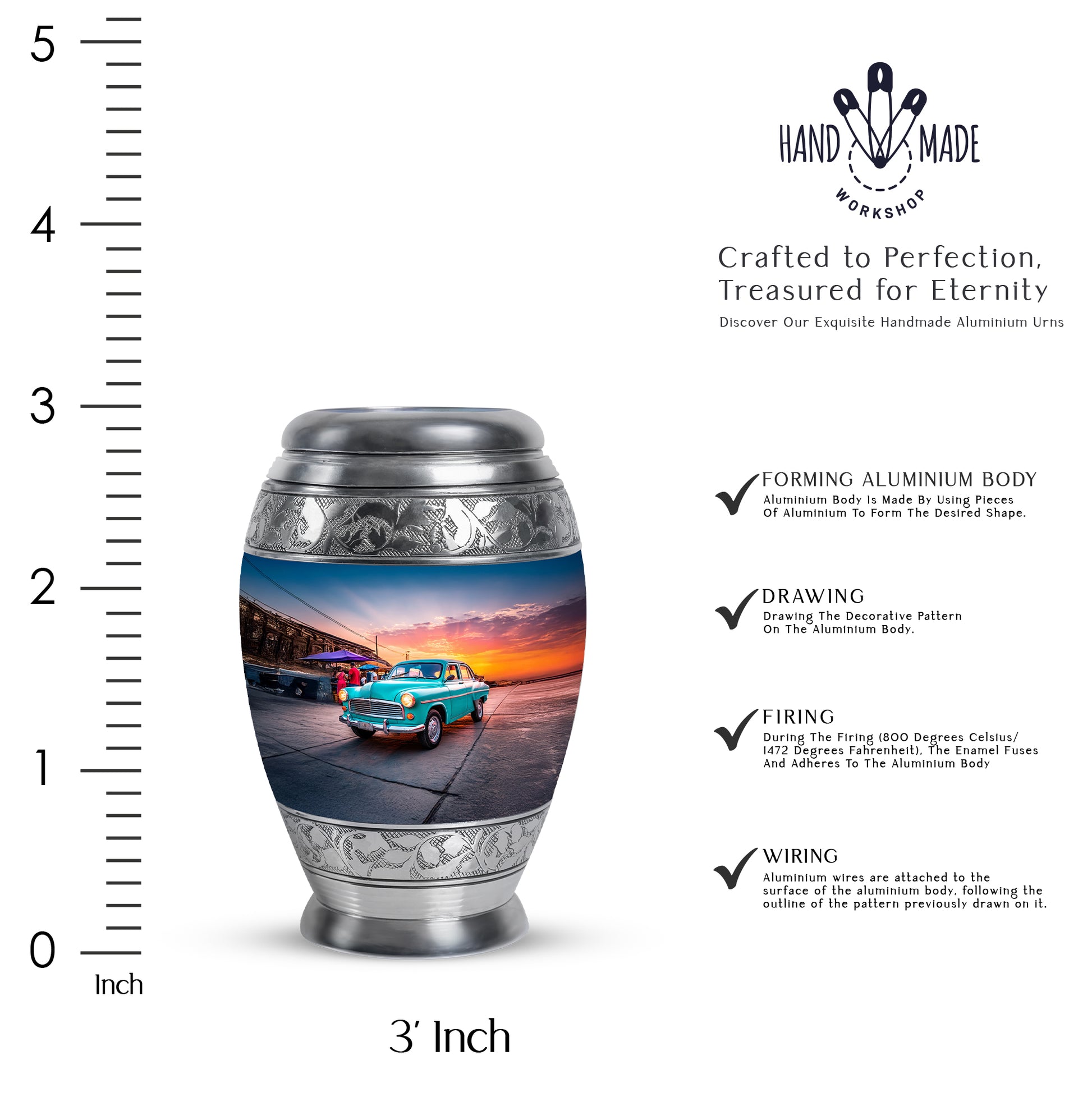 Vivid Blue Car Cremation Urn lifestyle display on memorial shelf - royal car engraving with decorative scrollwork - mini keepsake memorial for portion of cremation ashes