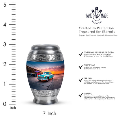 Vivid Blue Car Cremation Urn lifestyle display on memorial shelf - royal car engraving with decorative scrollwork - mini keepsake memorial for portion of cremation ashes