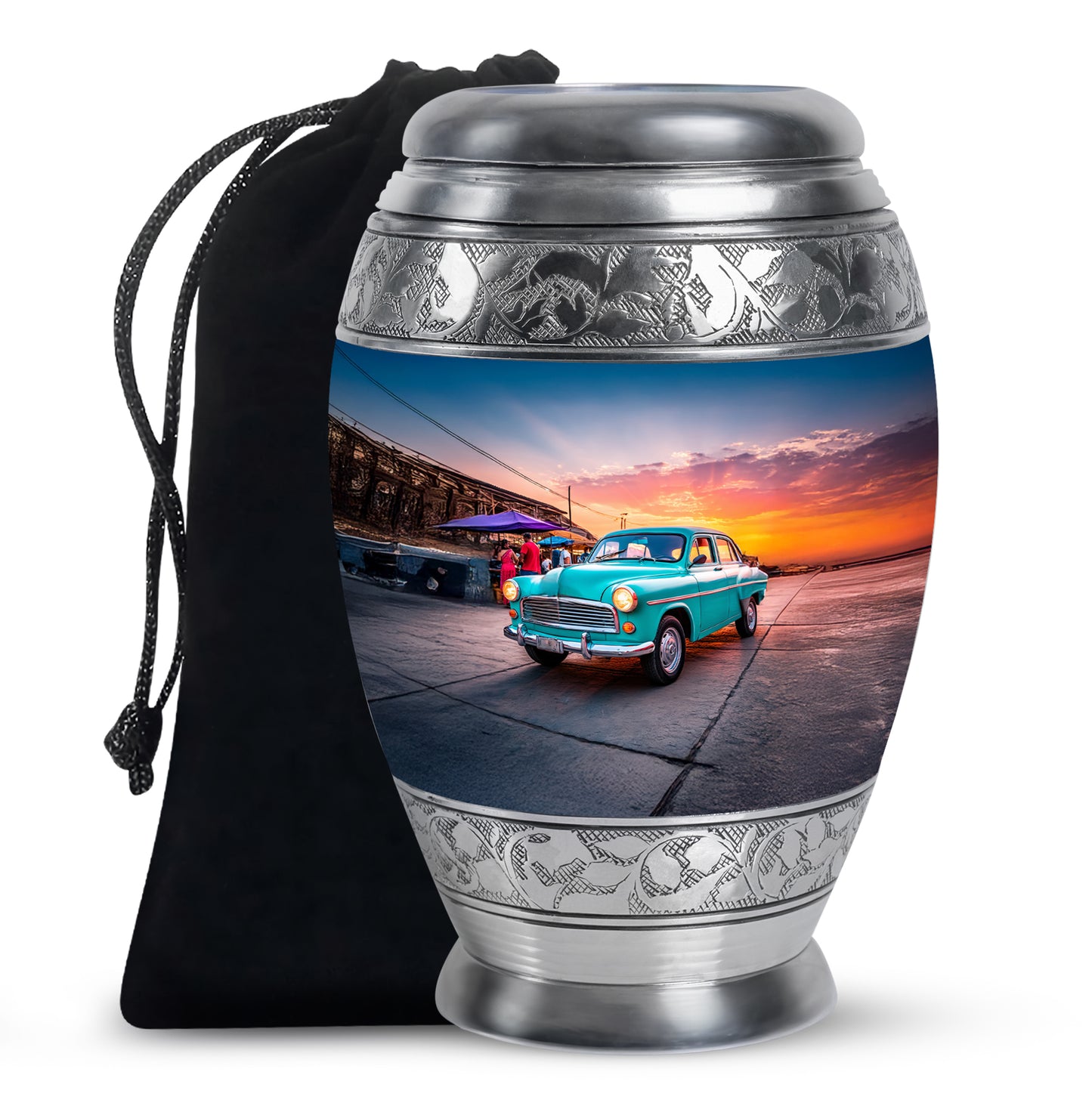 Twilight Blue Car Cremation Urn back view with polished surface - majestic car pattern with filigree border - full-size 10 inch 200 cubic inch adult cremation urn