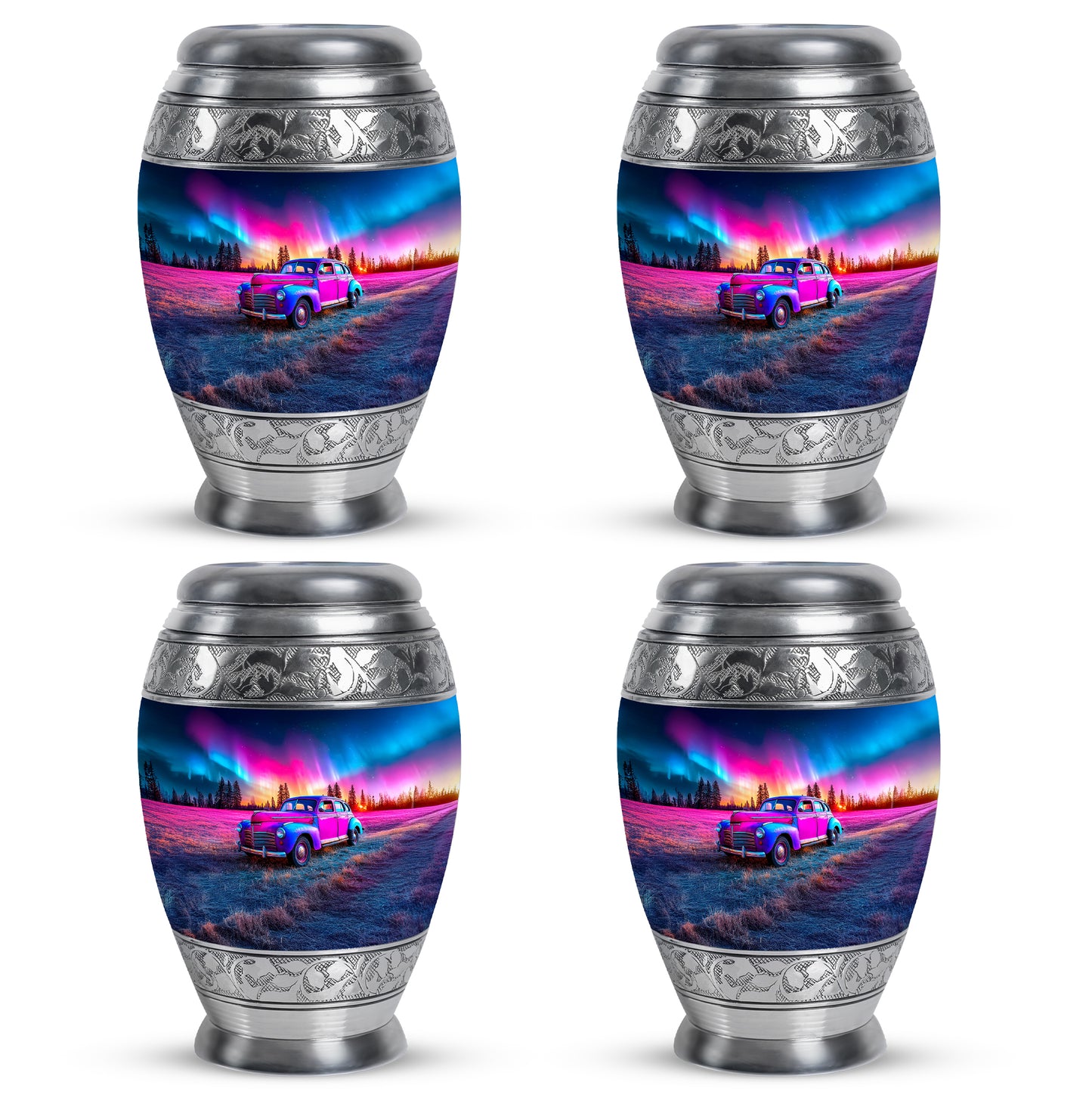 Bright Blue Car Cremation Urn urn with complimentary velvet bag - royal car engraving with decorative scrollwork - 10 inch aluminum urn for cremated remains