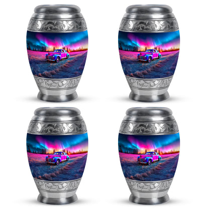Bright Blue Car Cremation Urn urn with complimentary velvet bag - royal car engraving with decorative scrollwork - 10 inch aluminum urn for cremated remains