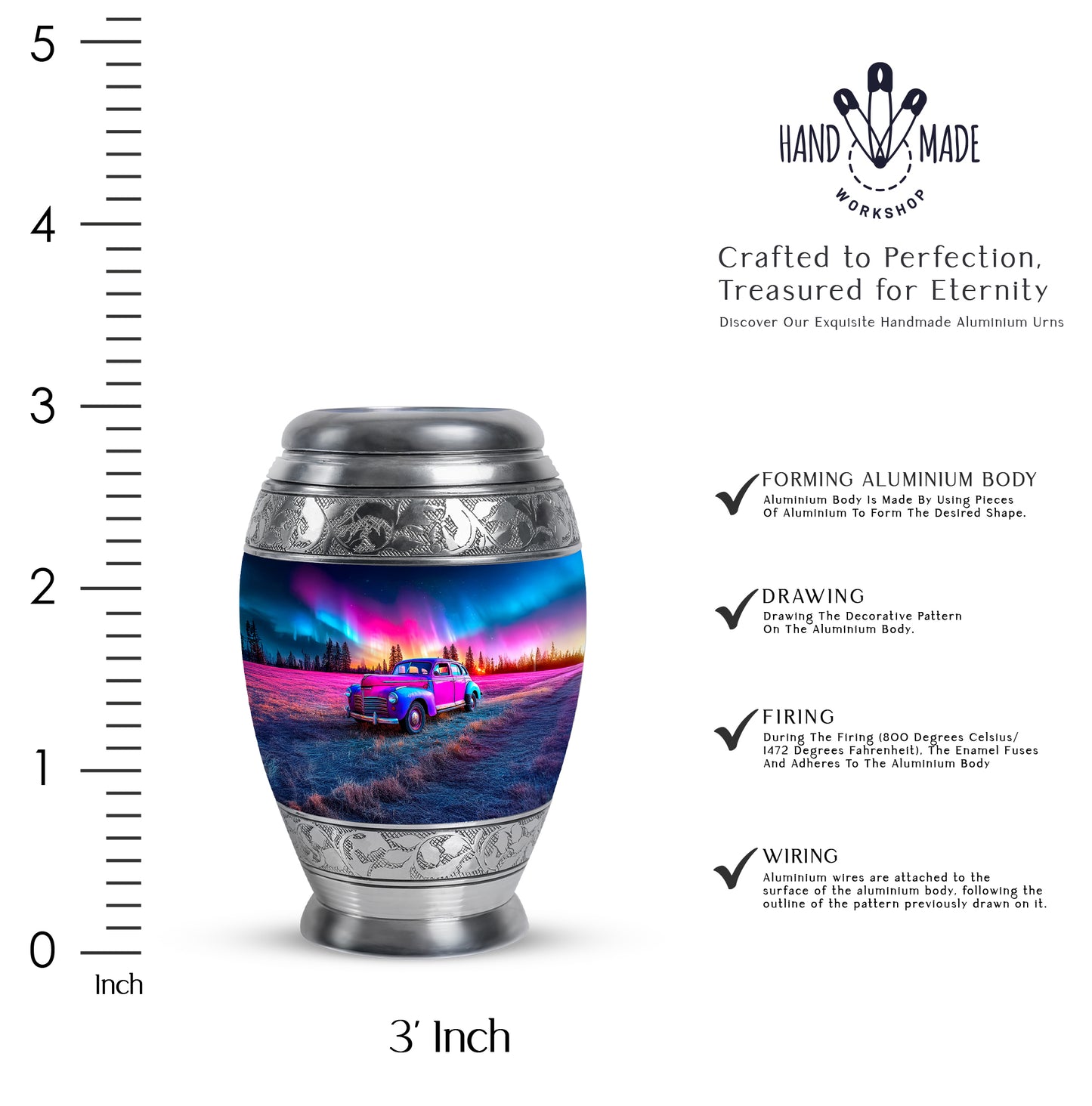Calming Blue Car Cremation Urn lifestyle display on memorial shelf - majestic car pattern with filigree border - mini keepsake memorial for portion of cremation ashes