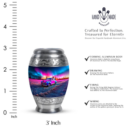 Calming Blue Car Cremation Urn lifestyle display on memorial shelf - majestic car pattern with filigree border - mini keepsake memorial for portion of cremation ashes