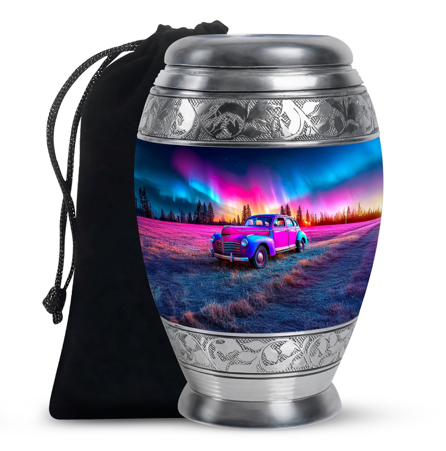 Cobalt Blue Car Cremation Urn back view with polished surface - royal car engraving with decorative scrollwork - full-size 10 inch 200 cubic inch adult cremation urn