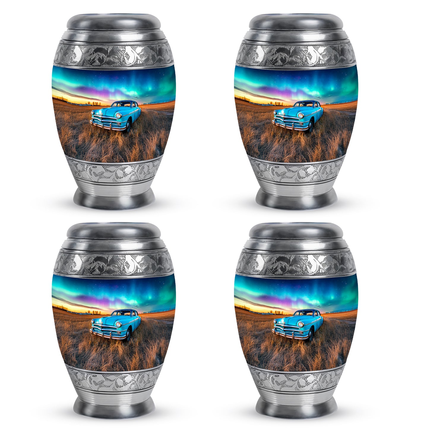 Pastel Blue Car Cremation Urn urn with complimentary velvet bag - regal car design with crown-inspired accents - 10 inch aluminum urn for cremated remains