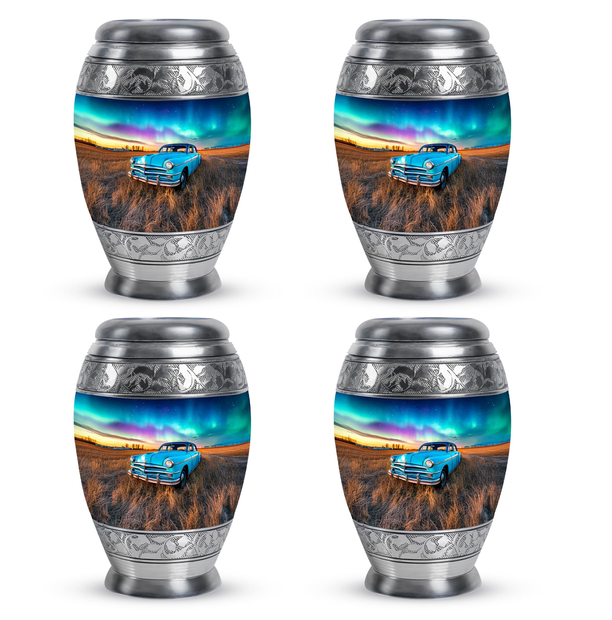 Pastel Blue Car Cremation Urn urn with complimentary velvet bag - regal car design with crown-inspired accents - 10 inch aluminum urn for cremated remains