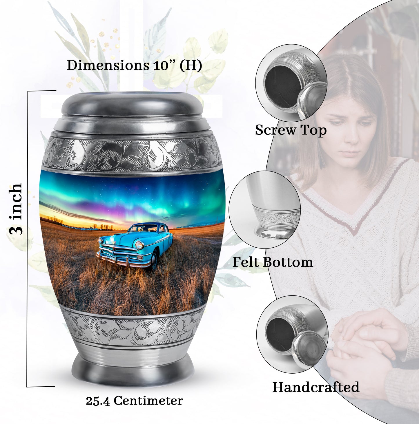 Serene Blue Car Cremation Urn lifestyle display on memorial shelf - royal car engraving with decorative scrollwork - mini keepsake memorial for portion of cremation ashes