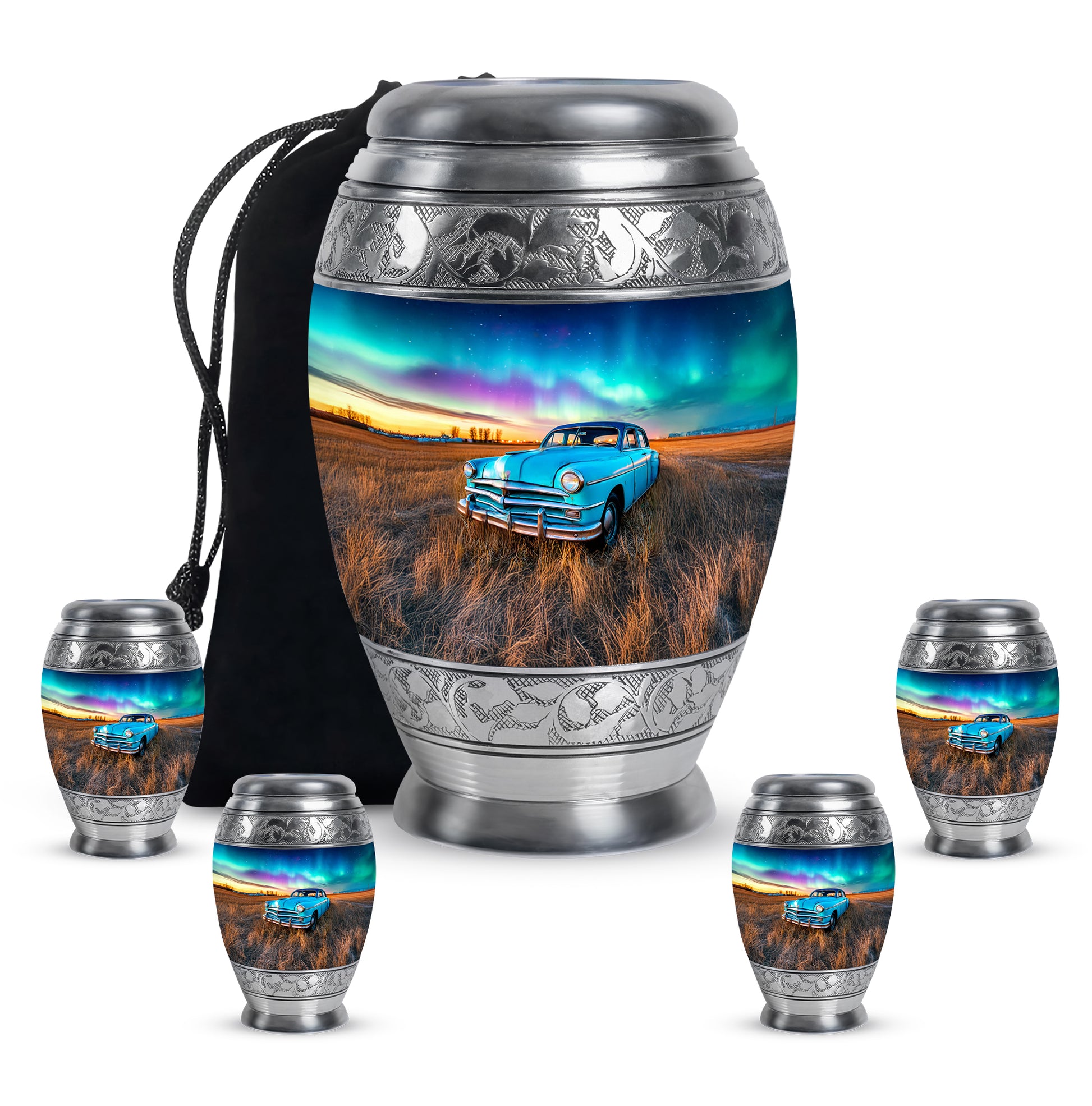 Vivid Blue Car Cremation Urn detail view - royal car engraving with decorative scrollwork - memorial set with one large and four small urns