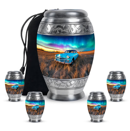 Vivid Blue Car Cremation Urn detail view - royal car engraving with decorative scrollwork - memorial set with one large and four small urns