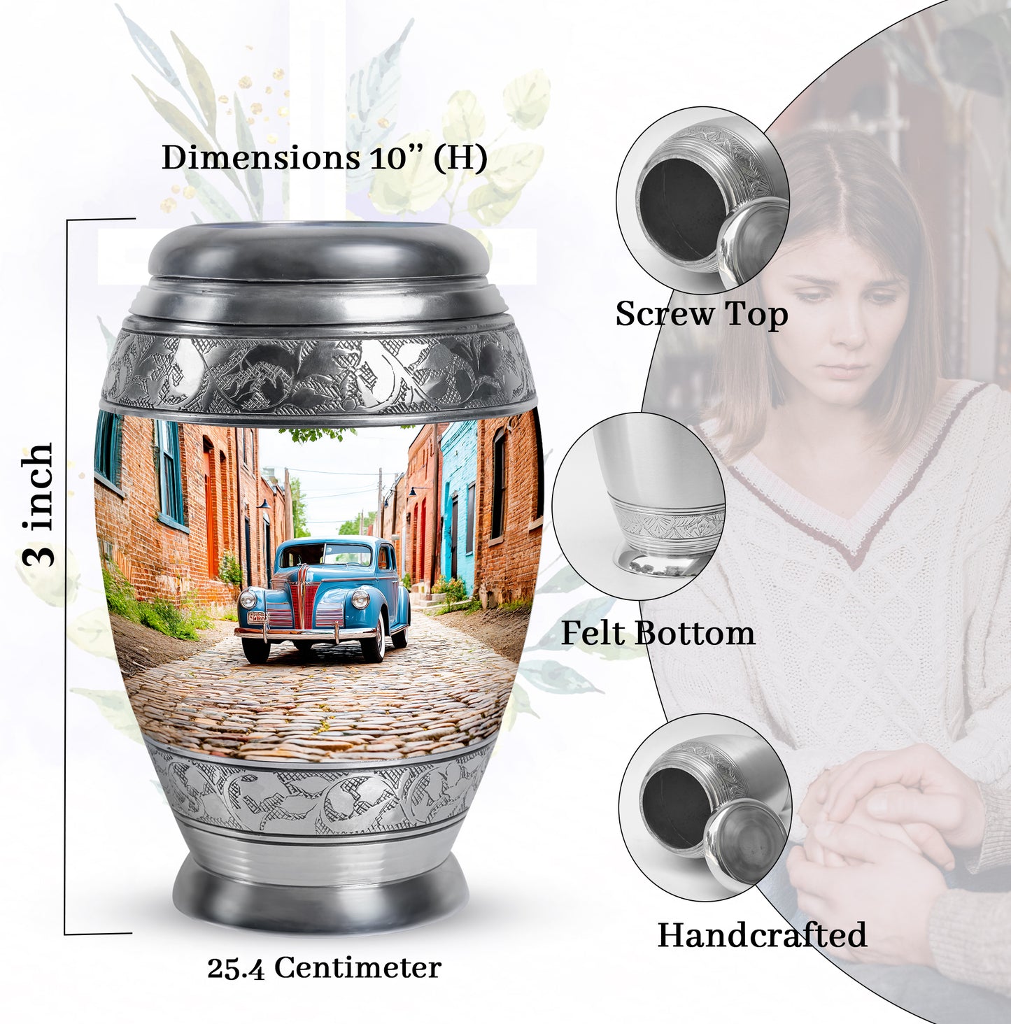 Gleaming Silver Car Cremation Urn lifestyle display on memorial shelf - regal car design with crown-inspired accents - mini keepsake memorial for portion of cremation ashes