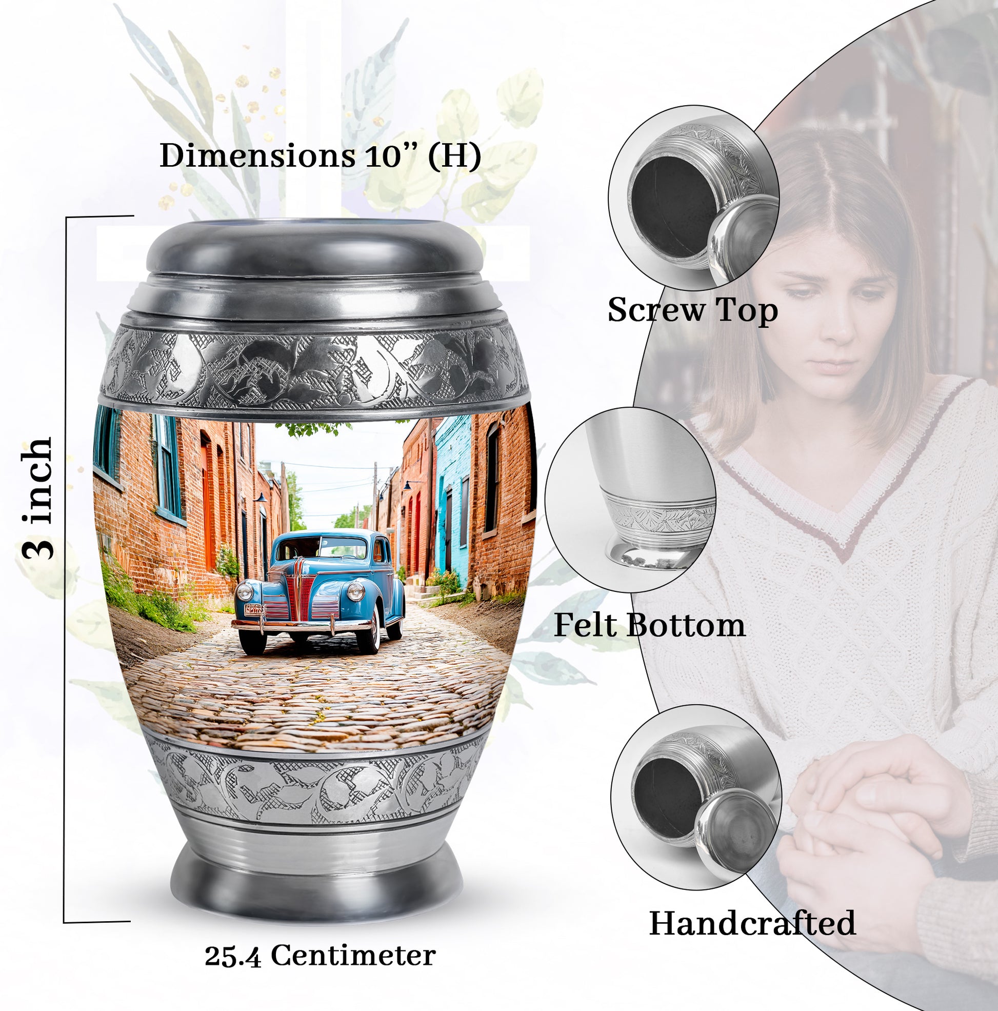 Gleaming Silver Car Cremation Urn lifestyle display on memorial shelf - regal car design with crown-inspired accents - mini keepsake memorial for portion of cremation ashes