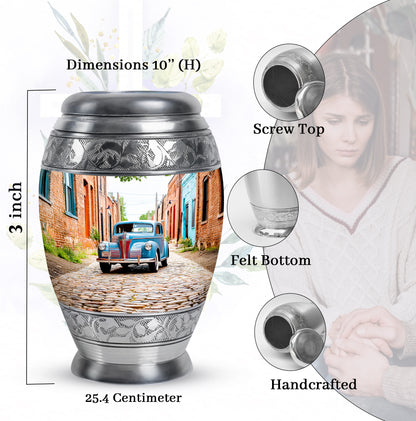 Gleaming Silver Car Cremation Urn lifestyle display on memorial shelf - regal car design with crown-inspired accents - mini keepsake memorial for portion of cremation ashes