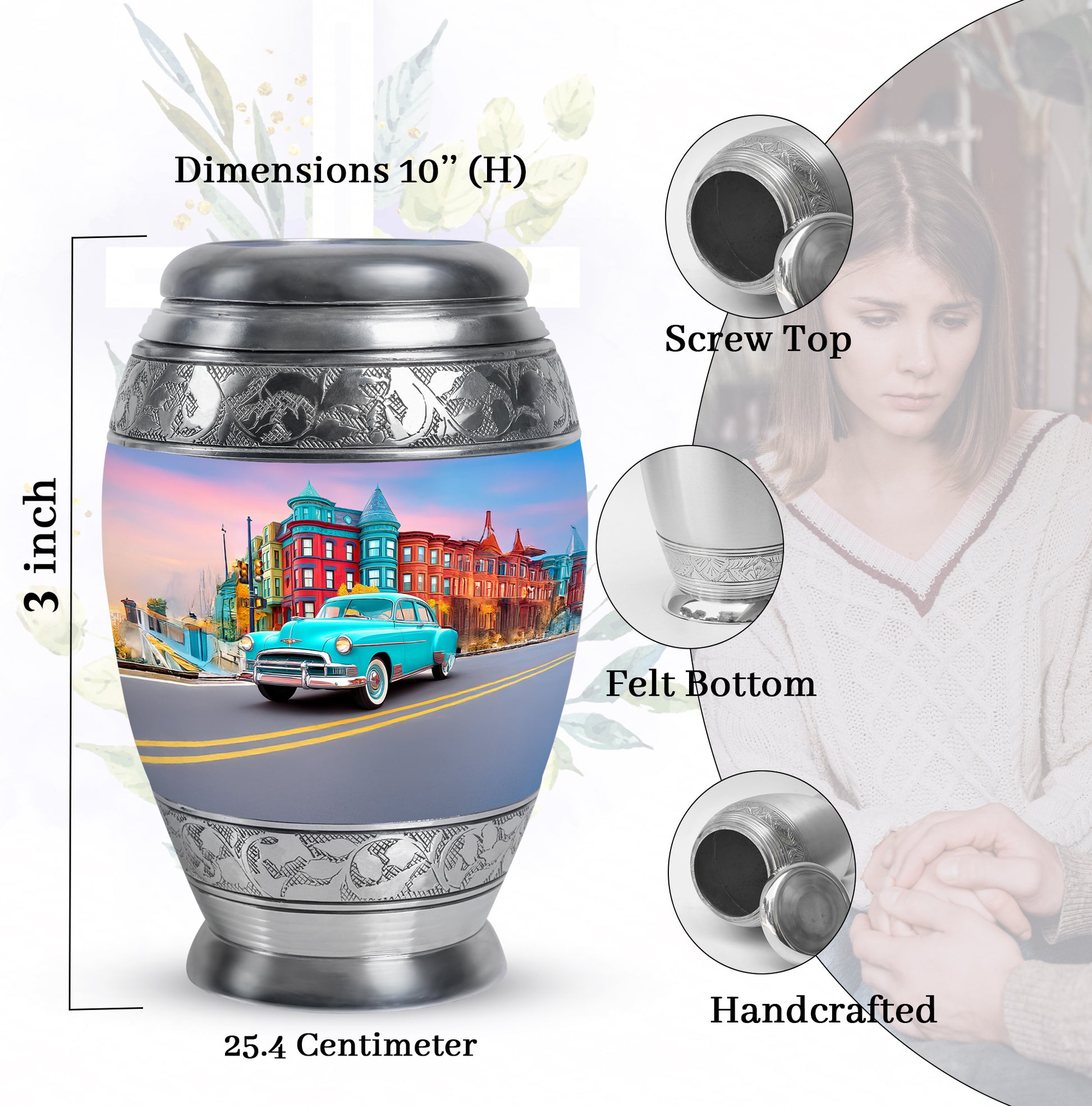 Serene Blue Car Cremation Urn lifestyle display on memorial shelf - majestic car pattern with filigree border - mini keepsake memorial for portion of cremation ashes