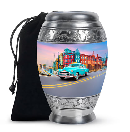 Celestial Blue Car Cremation Urn back view with polished surface - ornate monarch-style car relief on brushed aluminum - full-size 10 inch 200 cubic inch adult cremation urn