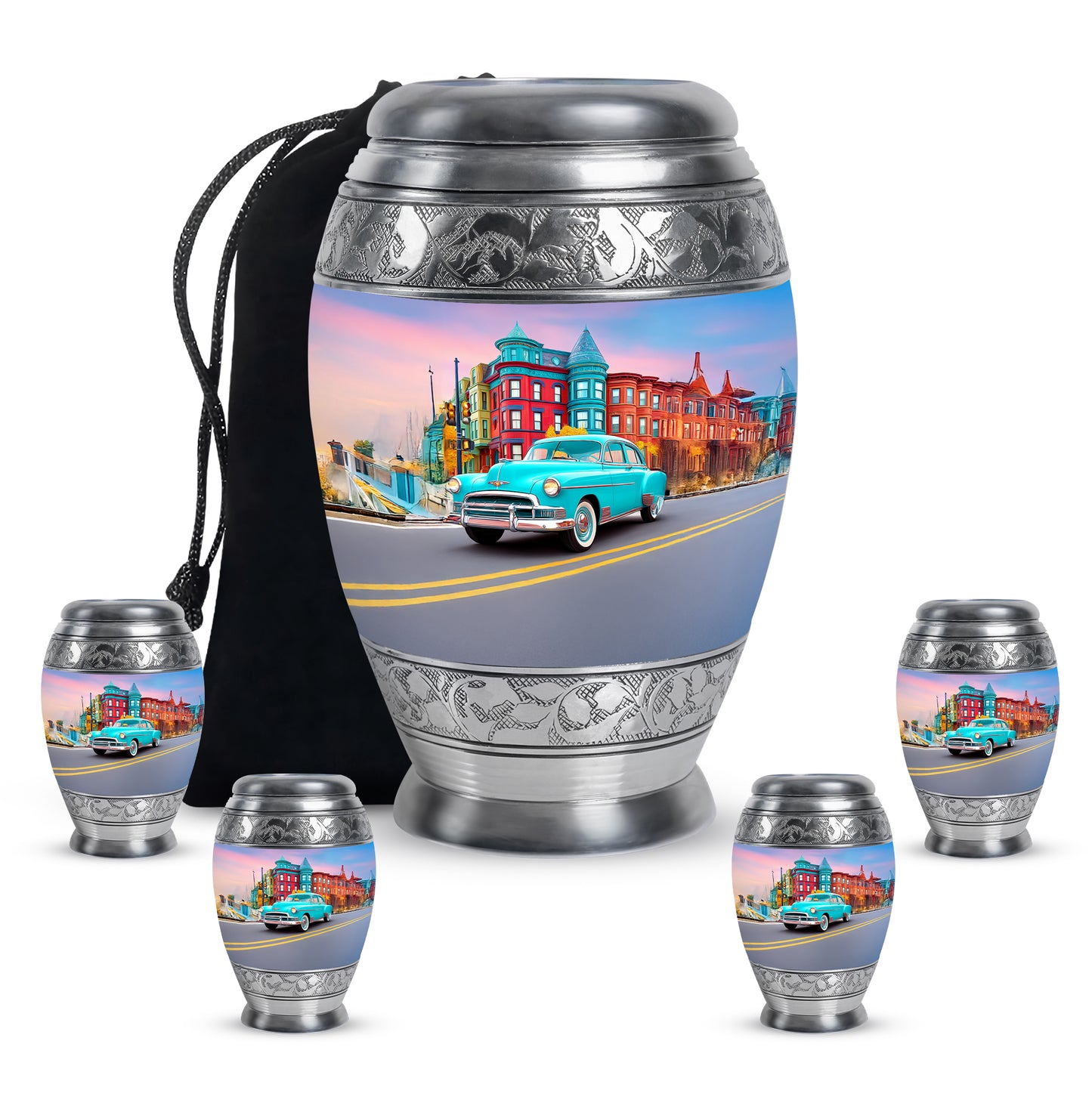 Slate Blue Car Cremation Urn detail view - ornate monarch-style car relief on brushed aluminum - memorial set with one large and four small urns