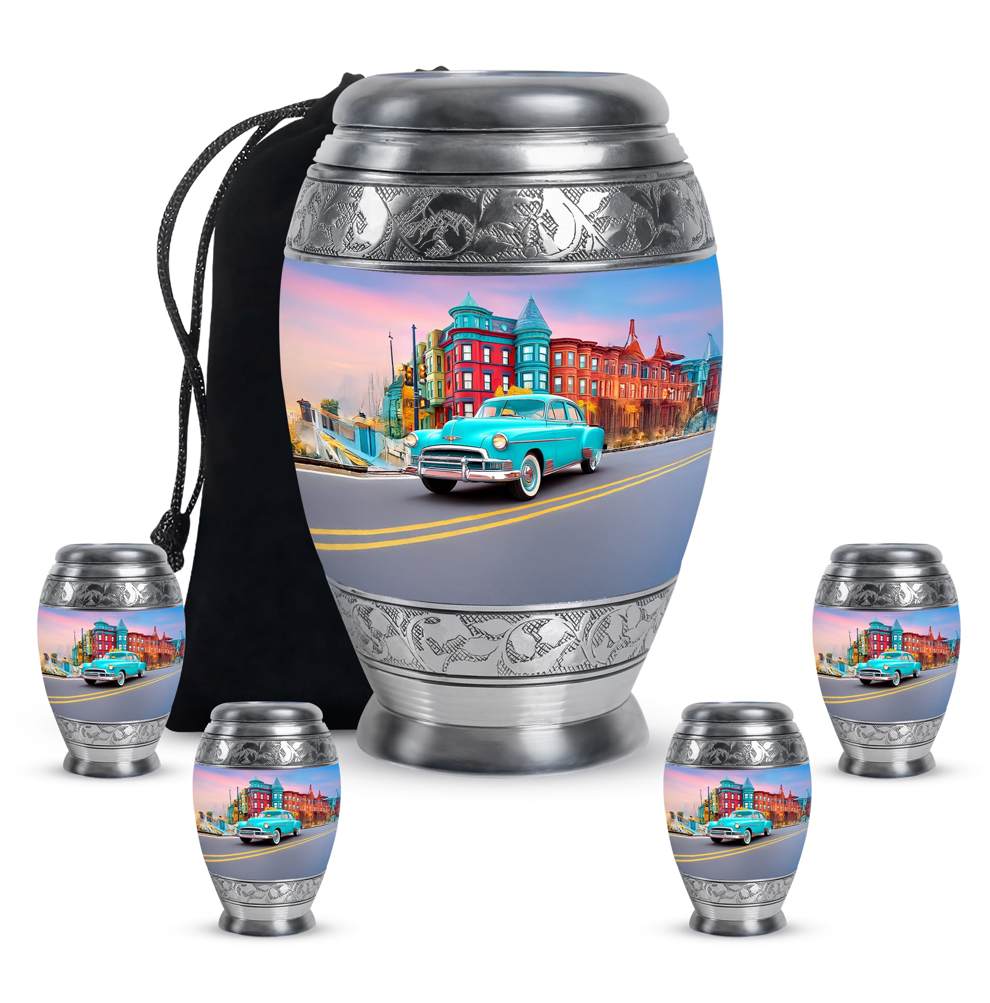 Slate Blue Car Cremation Urn detail view - ornate monarch-style car relief on brushed aluminum - memorial set with one large and four small urns