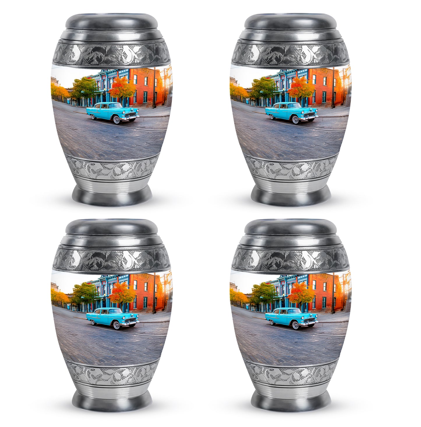 Brushed Silver Car Cremation Urn urn with complimentary velvet bag - ornate monarch-style car relief on brushed aluminum - 10 inch aluminum urn for cremated remains