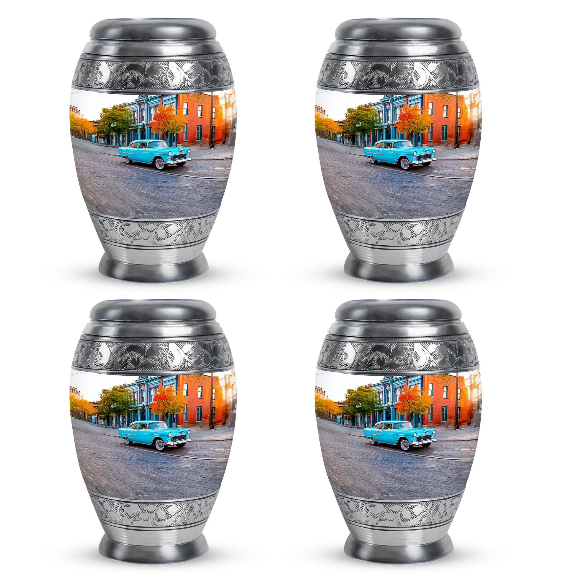 Brushed Silver Car Cremation Urn urn with complimentary velvet bag - ornate monarch-style car relief on brushed aluminum - 10 inch aluminum urn for cremated remains