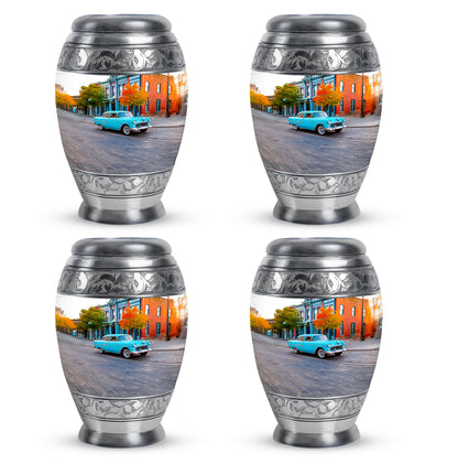 Brushed Silver Car Cremation Urn urn with complimentary velvet bag - ornate monarch-style car relief on brushed aluminum - 10 inch aluminum urn for cremated remains