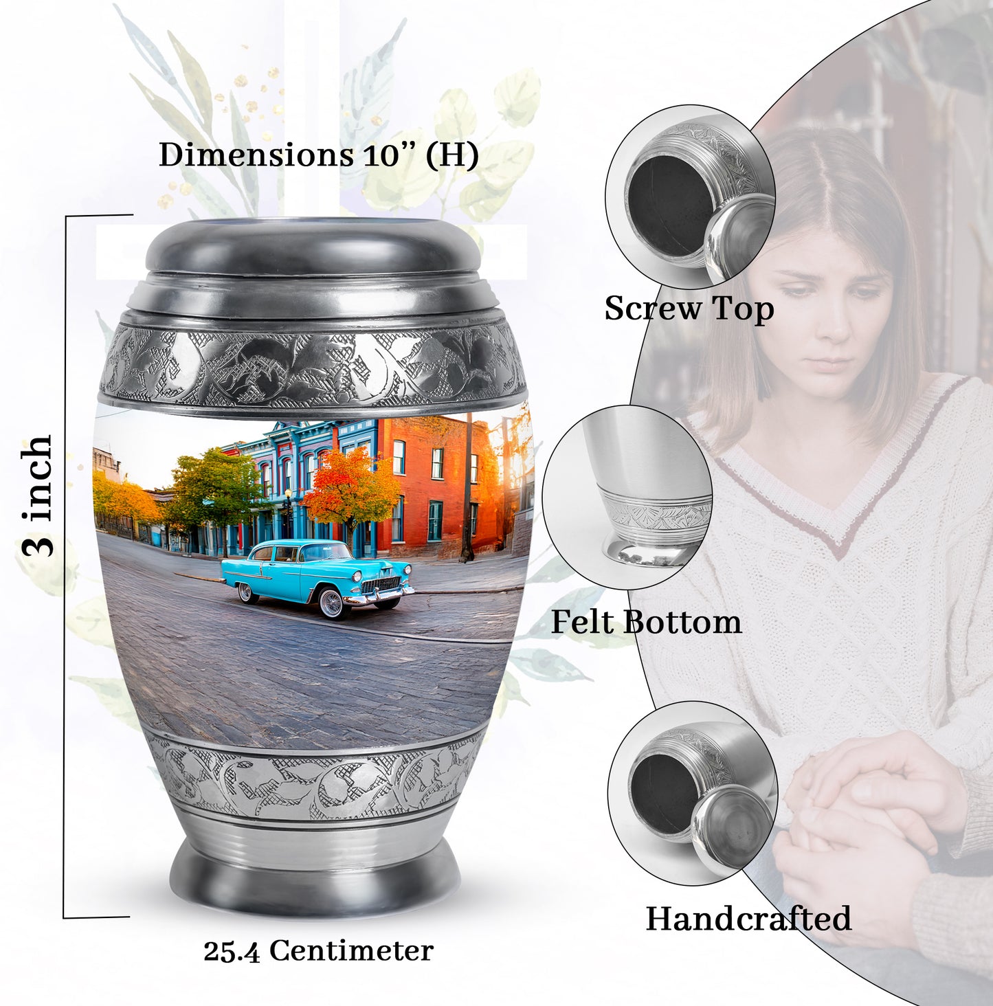 Satin Silver Car Cremation Urn lifestyle display on memorial shelf - regal car design with crown-inspired accents - mini keepsake memorial for portion of cremation ashes